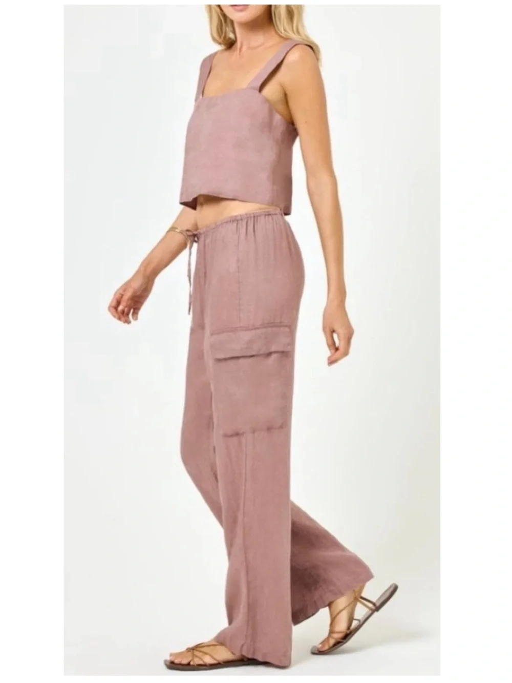 L*Space Sundown Dusty Pink Linen Cargo Wide Leg Boho Coastal Pants Size Medium